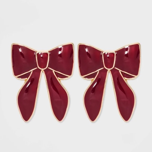 NWT Sugarfix Baublebar Red Maroon Enamel Ribbon Bow Earrings Post Gold Tone - Picture 1 of 4